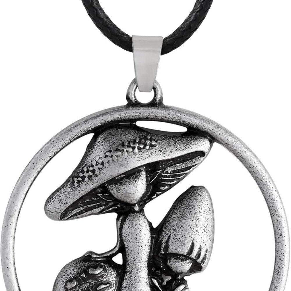 Mushroom Necklace, Vintage Antique Mushroom Family Pendant, Faux Leather Cord, M